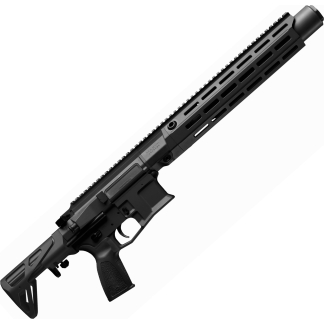 Close-up of a black modular rifle with a long, vented handguard and Picatinny rail, angled diagonally across a white background.