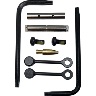 Small mechanical repair kit with an L-shaped hex key, two curved U-shaped bars, two black linkage arms with circular ends, and assorted pins, screws, and a brass tip.