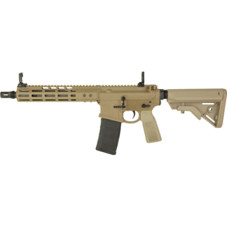 Tan AR-style rifle with a detachable magazine, adjustable stock, and a quad-rail handguard (informative: weapon).