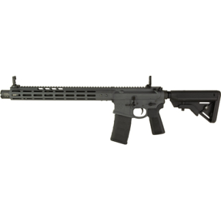 Black AR-style semi-automatic rifle with a long handguard and collapsible stock