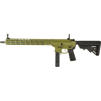 Olive drab semi-automatic rifle with a long vented handguard, front sight, and adjustable stock; magazine inserted.