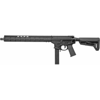 Black semi-automatic rifle with a long barrel, Picatinny rails, pistol grip, a vertical foregrip, and an adjustable stock.