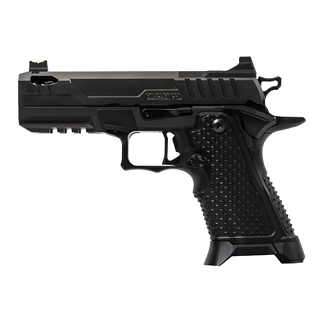 Black semi-automatic handgun with a textured grip and accessory rails, facing to the right.