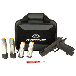 Pistol with three magazines, a holster, and a black carrying case placed on a white background.