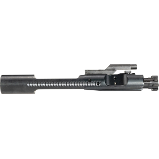 Close-up of a black rifle upper receiver and barrel with a ribbed handguard and accessory rail.