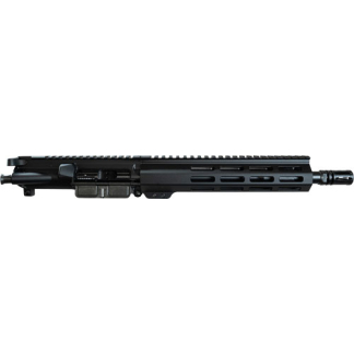 Black AR-style rifle upper receiver with a long quad-rail handguard and muzzle device