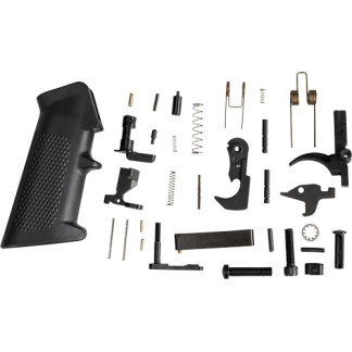 Assorted handgun components arranged on a white background: grip, springs, pins, triggers, hammers, and other small parts.