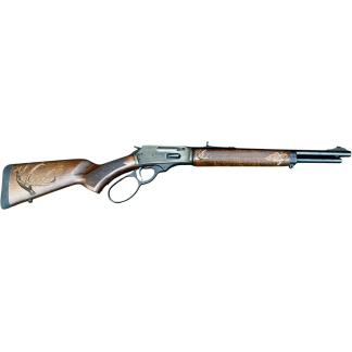 Lever-action rifle with a polished wooden stock and engraved deer motif, extended barrel to the right.