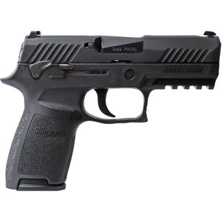 Black semi-automatic handgun shown in profile with a textured grip and ribbed slide.