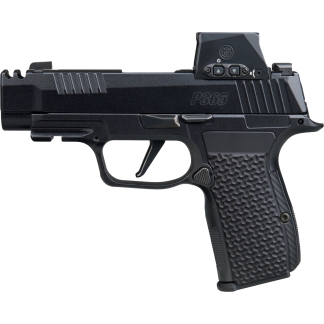Side view of a black semi-automatic pistol with textured grip and a mounted optic sight on top (P365 model).