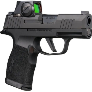 SIG Sauer handgun with a compact grip and mounted red-green dot sight, shown in a side view.
