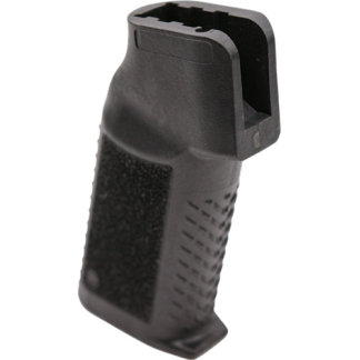 Black textured pistol grip component with a molded grip surface, shown from above/side角 view.