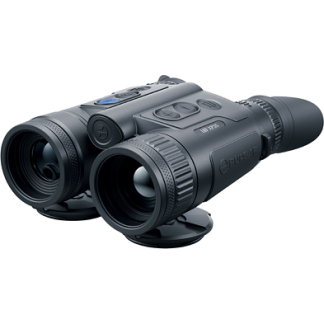 Close-up of a pair of compact black binoculars with textured grips and two eyepieces from a front-right angle.
