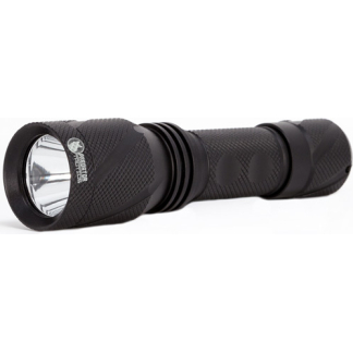 Black tactical flashlight with knurled grip and expandable head on a white background.