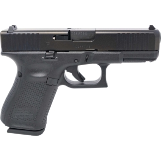 Side view of a black semi-automatic pistol with textured grip and trigger on a white background.