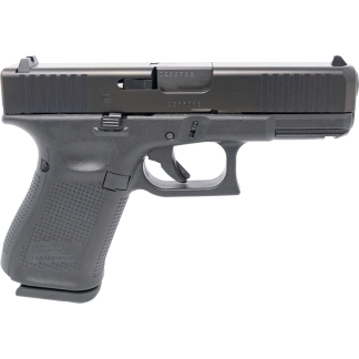 Side view of a black semi-automatic pistol with a textured grip and visible trigger guard.