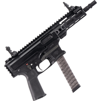Close-up of a black modular rifle upper with a long Picatinny rail and foregrip, photographed diagonally across the frame.