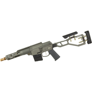 AR-style assault rifle with collapsible stock, magazine inserted, and tactical fore-end, shown lying horizontally.