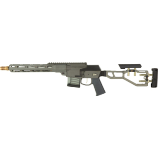 Side view of a modern semi-automatic rifle with a long handguard, collapsible stock, and detachable magazine.
