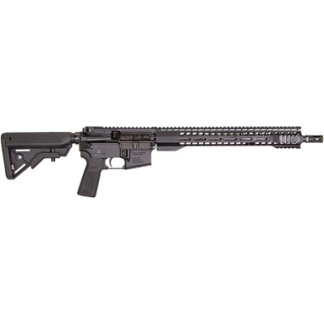 Black semi-automatic rifle with collapsible stock and long Picatinny rail on a white background