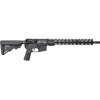 AR-15 style semi-automatic rifle with collapsible stock and long free-floating handguard