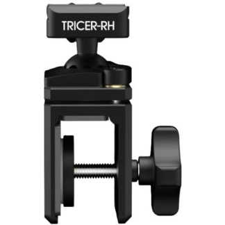 Black mounting clamp labeled TRICER-RH with a side knob and threaded screw, used to attach equipment.