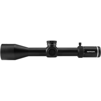 Black riflescope with a large objective lens on the left, adjustable turrets, and a magnified eyepiece; brand Riton visible on the right.