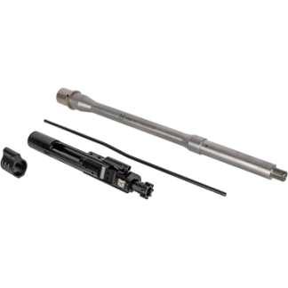 Disassembled rifle cleaning kit parts: a long metal cleaning rod, a black plastic/metal component with fittings, and a small ring collar laid out on a white background.