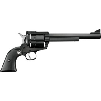 Black single-action revolver with a long barrel and curved grip on a white background.
