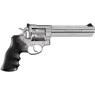Silver revolver with a long barrel and black textured grip, shown from the side.