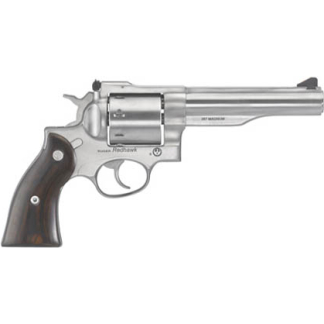 Silver revolver with a dark wooden grip shown in profile, hammer cocked, pointing to the right.
