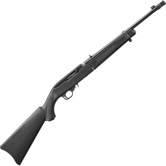 Diagonal view of a black bolt-action rifle with textured polymer stock and trigger guard visible.