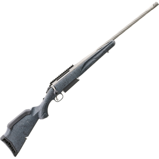 Diagonal view of a bolt-action rifle with a blue-gray speckled stock and long, twisted barrel against a white background.