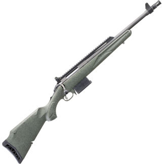 Green camouflage rifle with scope shown diagonally against a white background, viewed from the side.