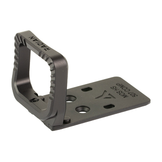 Metal mounting bracket with a square clamp and a flat base that has multiple holes for screws.