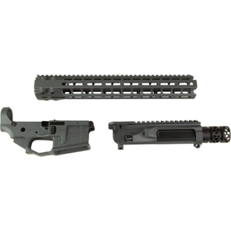 Disassembled AR-style rifle components: upper handguard, lower receiver, and muzzle brake barrel assembly.
