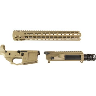 Disassembled tan AR-15 style rifle parts: long rail handguard, lower receiver with trigger, and upper receiver with muzzle device.