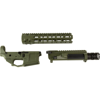 Disassembled AR-style rifle parts in olive green: lower receiver, long perforated handguard, and a threaded upper with a muzzle device.