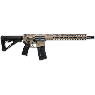Tan-colored semi-automatic rifle with adjustable stock,-long handguard, and detachable magazine shown in profile.