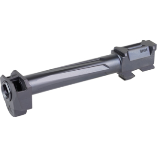 9mm pistol barrel assembly isolated on white, showing the muzzle and mounting end