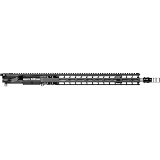 Long black AR-style rifle upper receiver with a full-length Picatinny rail and handguard from left to right, muzzle at the right.