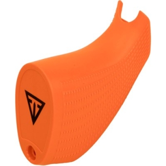 Bright orange ergonomic grip/cover with textured surface and a round end cap bearing a black triangular logo.
