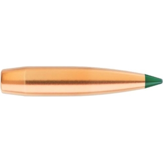 Copper-colored rifle bullet with a green tip, shown in profile from the side