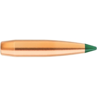 Copper-colored cartridge bullet with a green tip on a white background (ammunition cartridge).