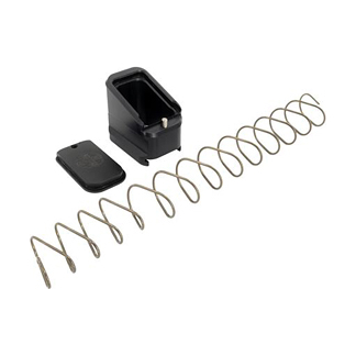 Coiled metal battery contact spring with a small black plastic battery holder and cap.