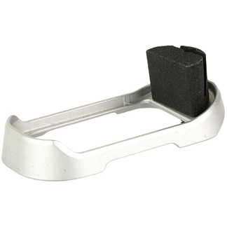 Small white plastic frame with a metal arm and black foam pad, a clamp-like support accessory likely used to hold or stabilize a device.