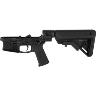 Side profile of a black semi-automatic rifle with a collapsible stock and pistol grip.