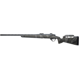Side view of a camouflaged bolt-action hunting rifle with a long barrel.