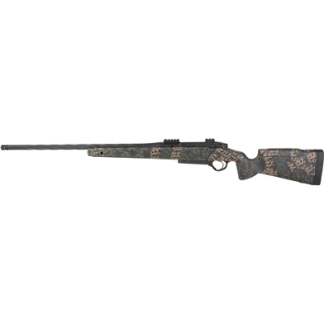 Camouflage-pattern bolt-action rifle with long barrel and scope mount