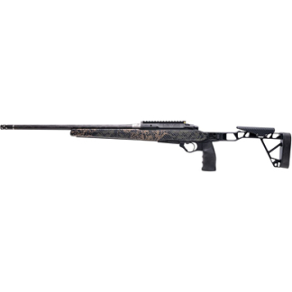 Camouflage-pattern hunting rifle shown in profile with an adjustable stock and scope rail.